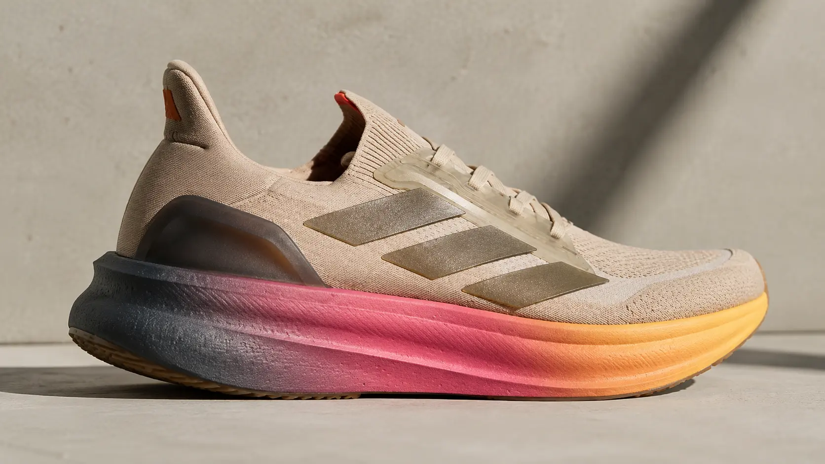 Side view of Adidas Ultraboost 5X showing Lightboost midsole and heel support structure Side view of Adidas Ultraboost 5X showing Lightboost midsole and heel support structure