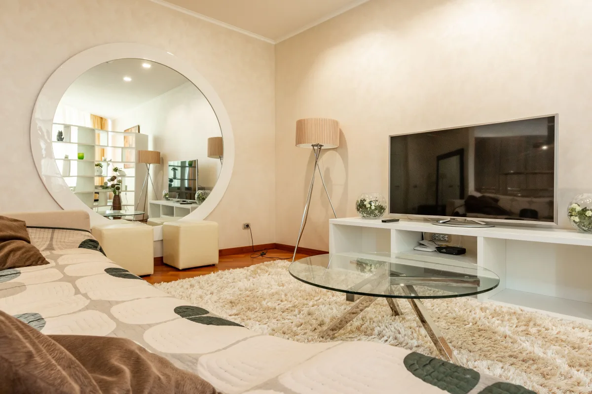 Contemporary living room interior showing TV stand in context