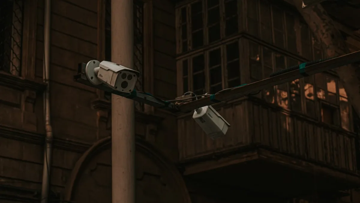 Street security cameras mounted on an urban building for surveillance